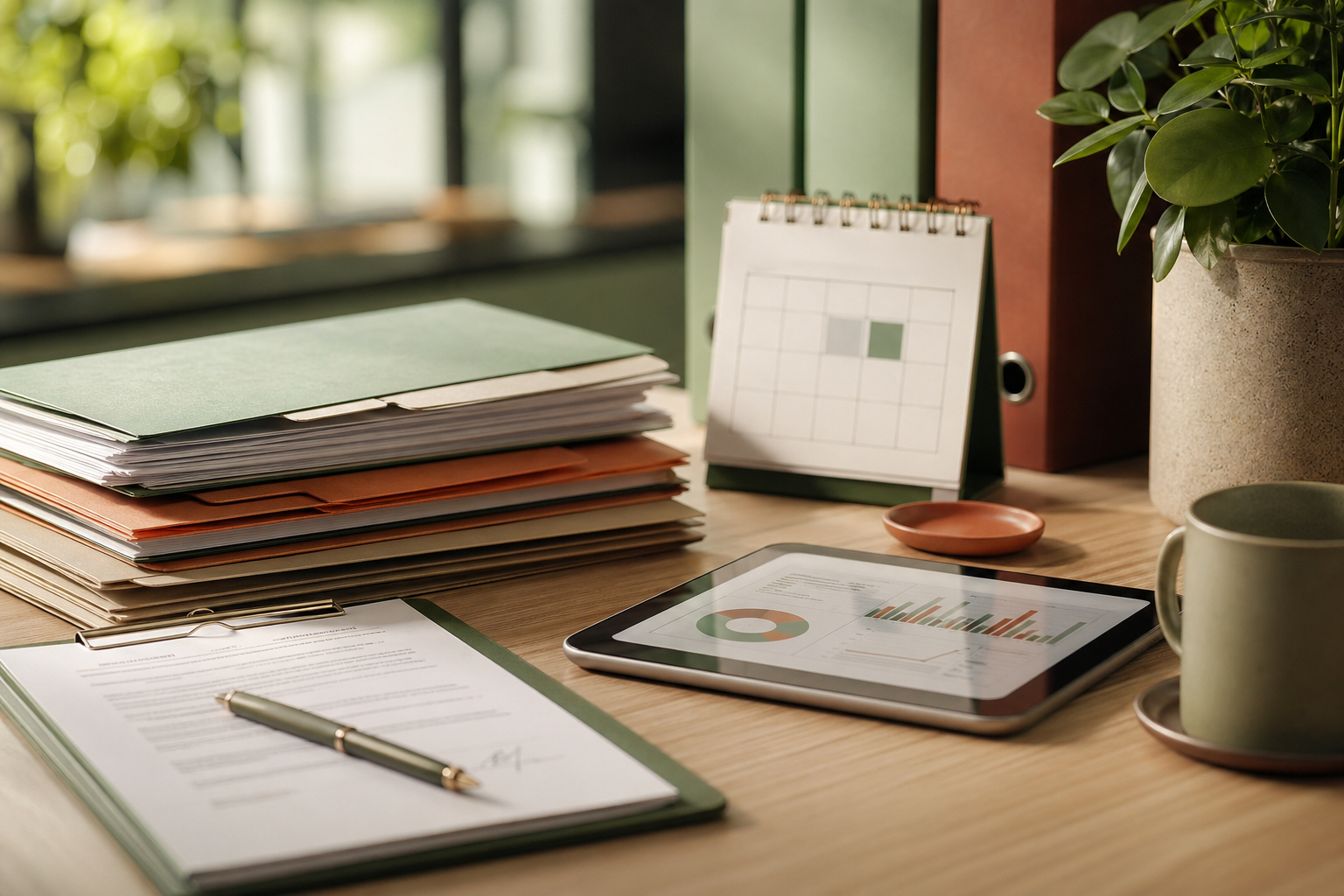 Organised office administration desk with documents, folders, and planning tools