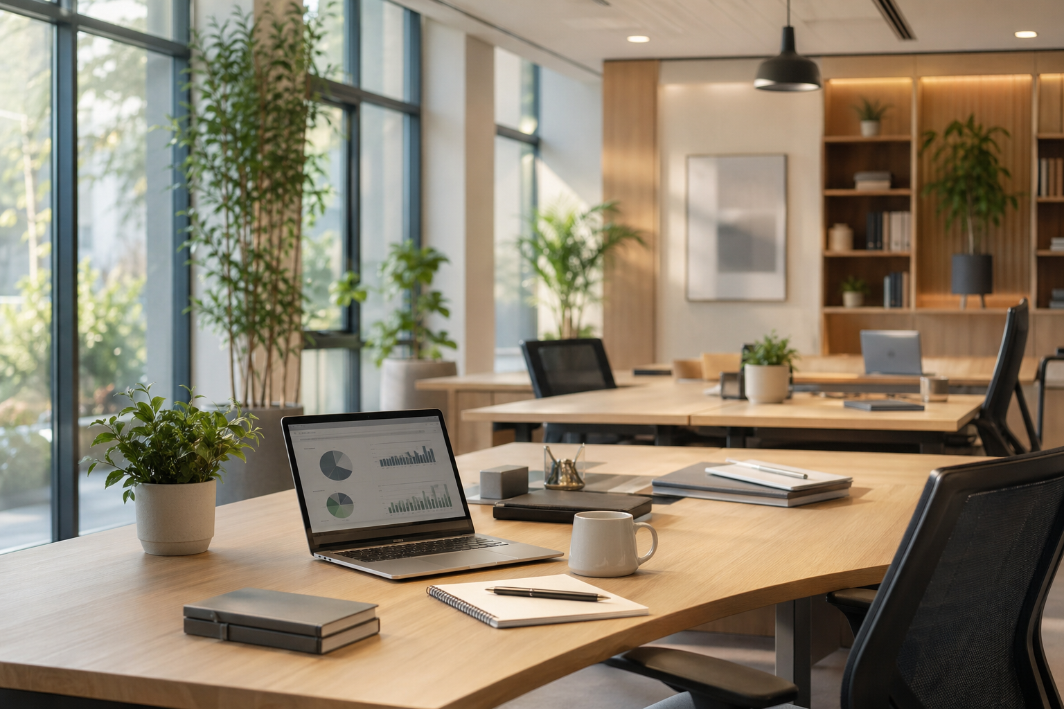 Organised modern office workspace with laptop, plants, and tidy desks