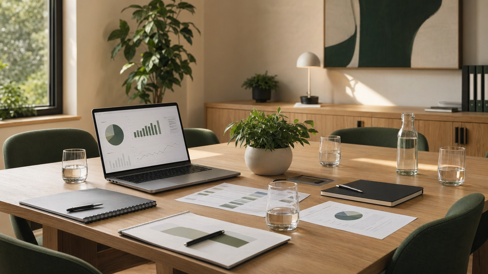 Operations review table with planning materials and laptop