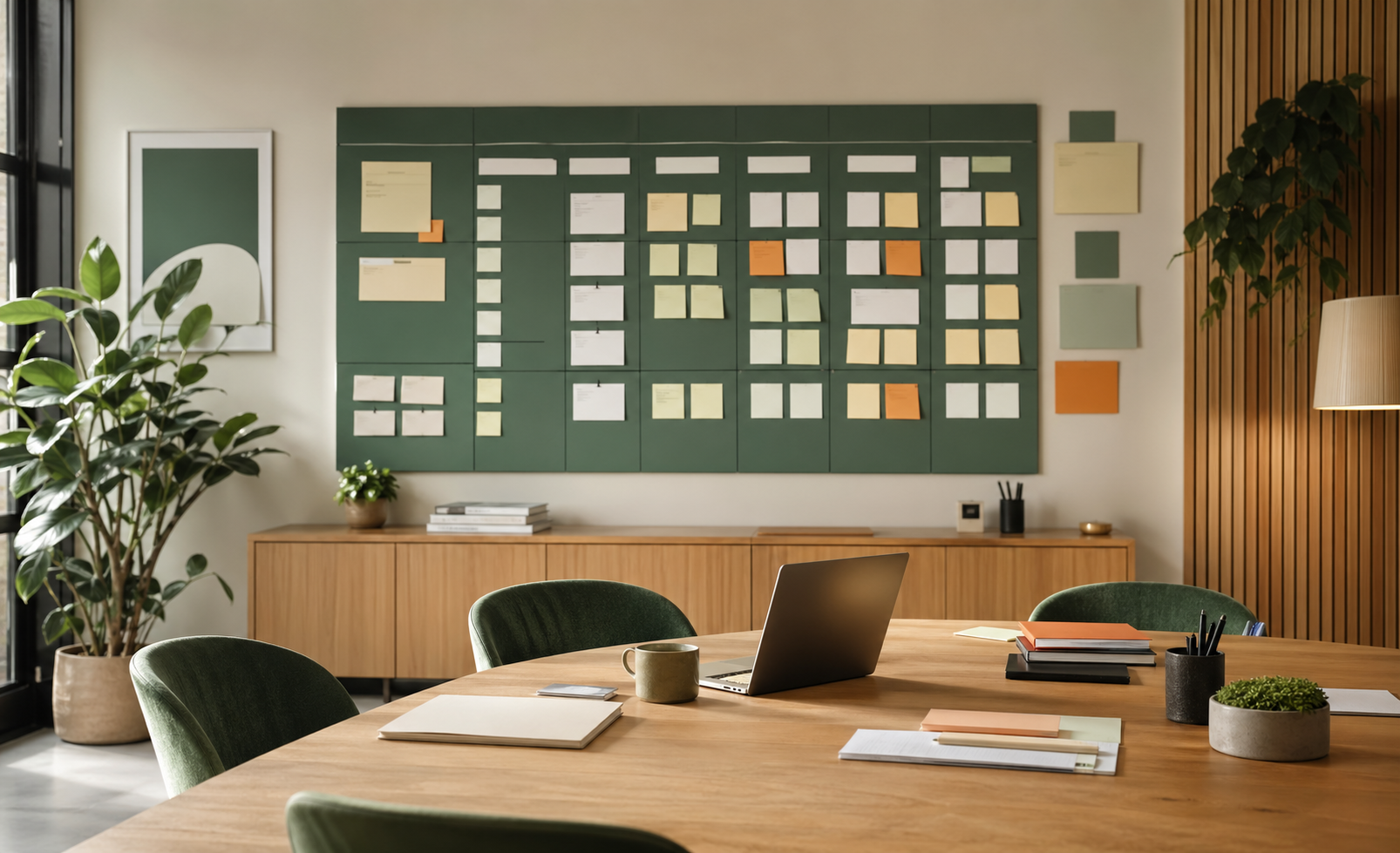 Project planning board in a professional office with notebooks and laptop